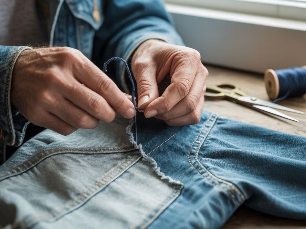 Naprawa kurtki igłą i nicią
