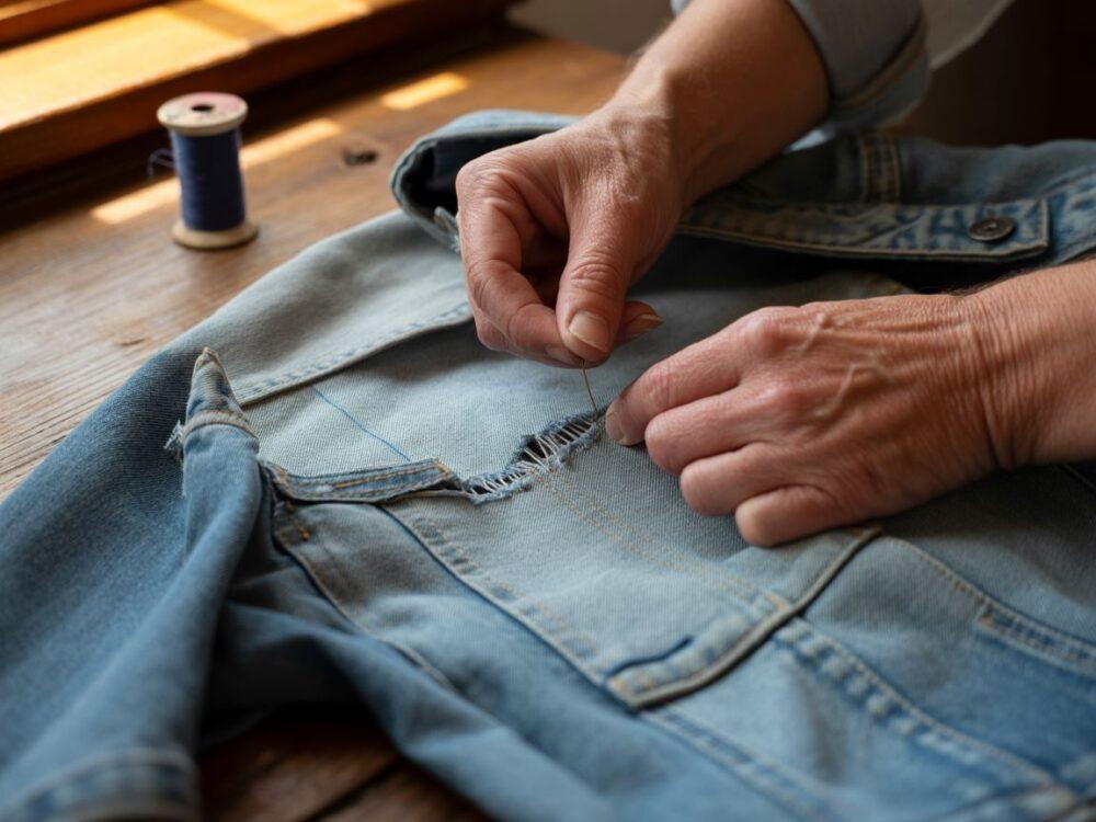 Szycie dziury w kurtce