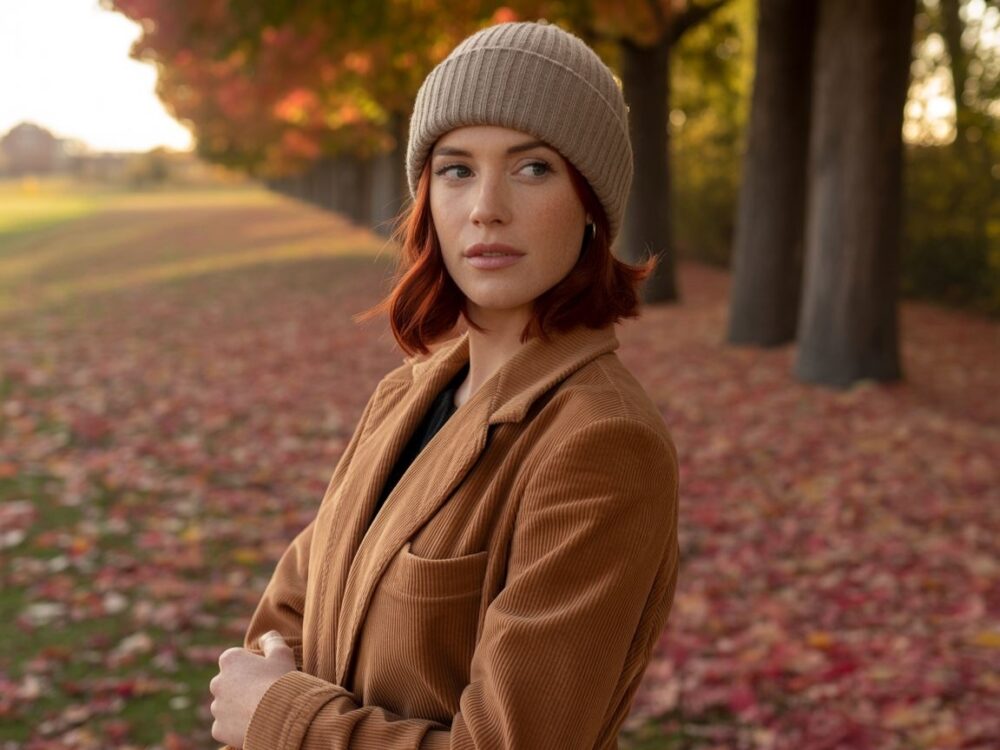 beżowa czapka do brązowej kurtki