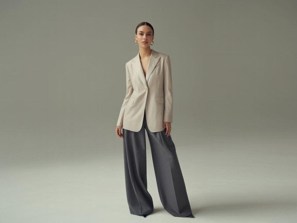 beżowa marynarka i granatowe chinosy