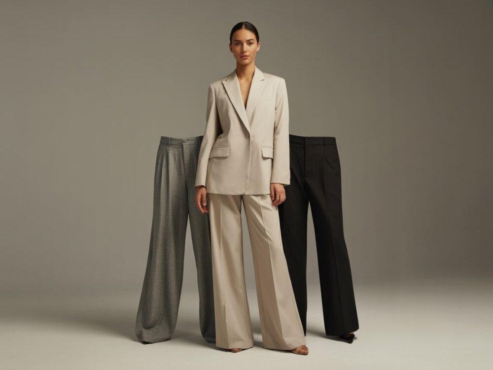 beżowa marynarka i szare spodnie materiałowe