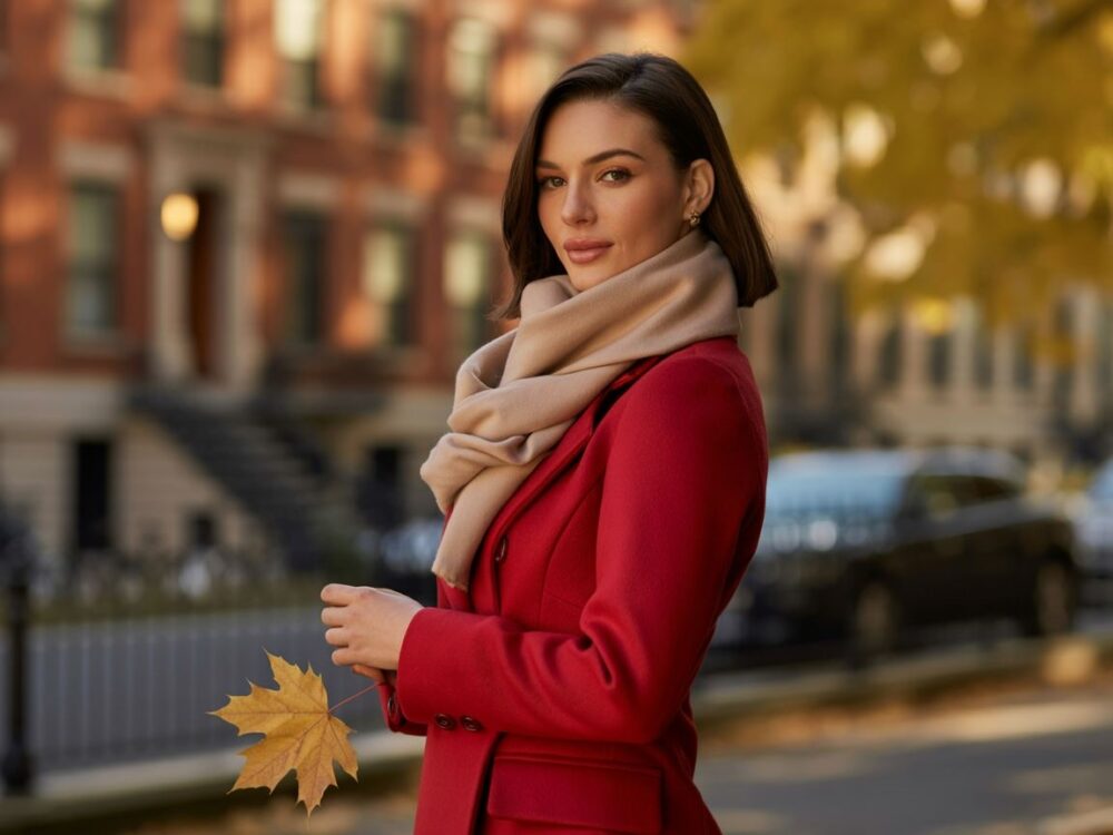 beżowy szalik do czerwonego płaszcza