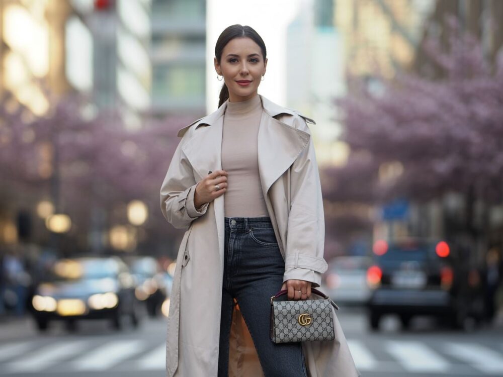 beżowy trencz na ulicy