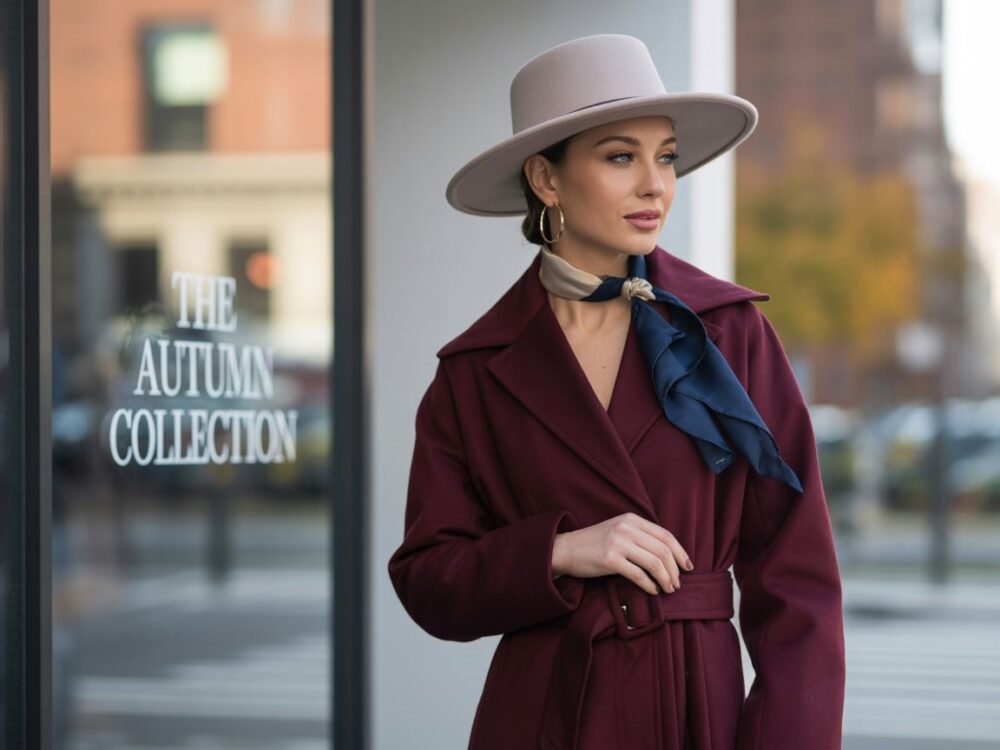 bordowy płaszcz i beżowe dodatki