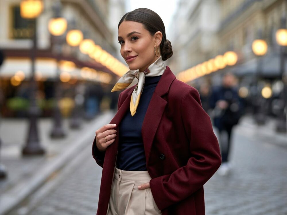 bordowy płaszcz z granatowym szalikiem