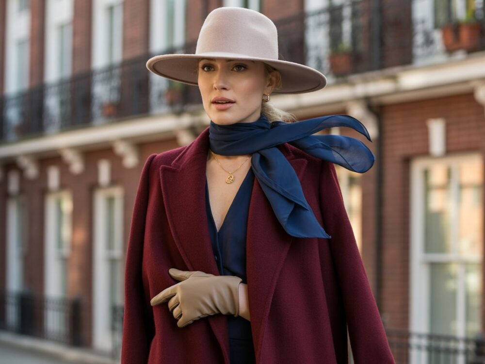 bordowy płaszcz ze złotą torebką