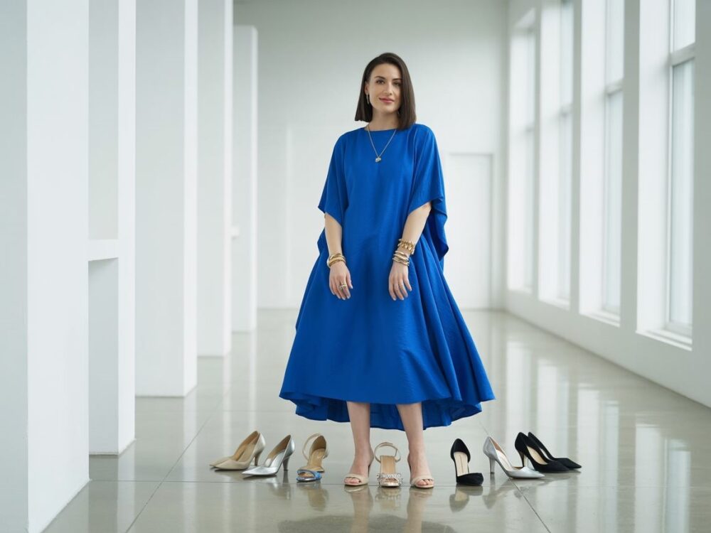 chabrowa sukienka i beżowe szpilki