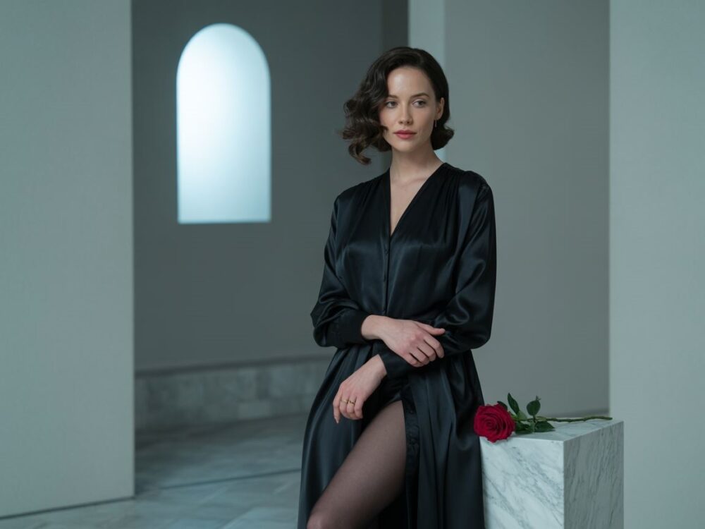 czarna sukienka i wzorzyste rajstopy