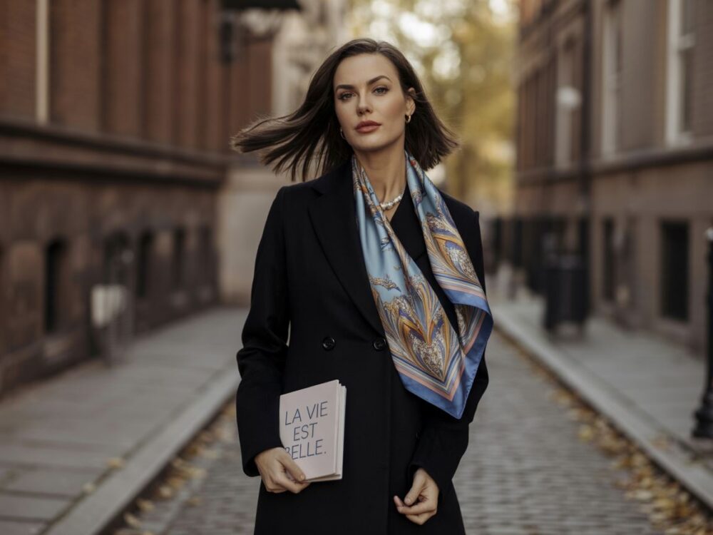 czarny płaszcz z eleganckim szalikiem