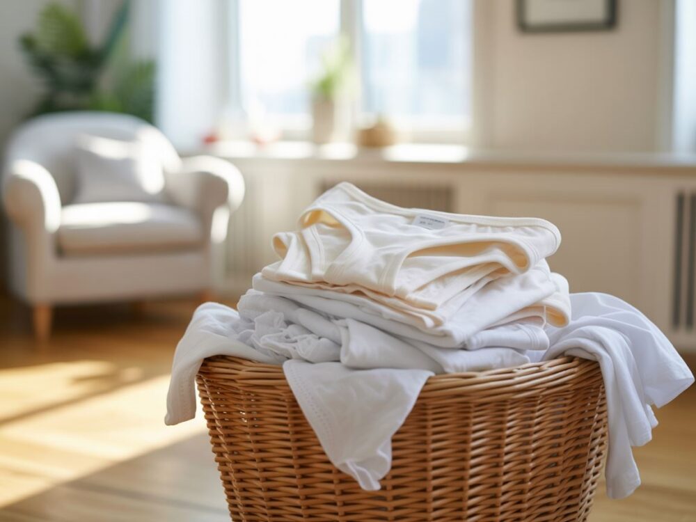 czysta biała bielizna na tle pralki