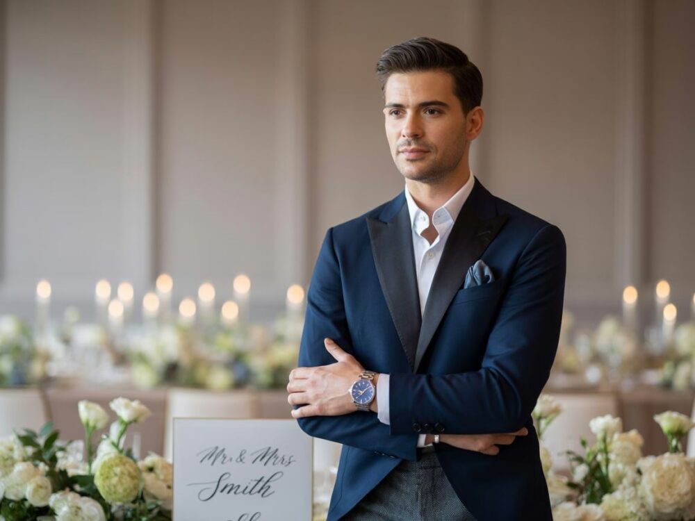 granatowa marynarka i szare spodnie