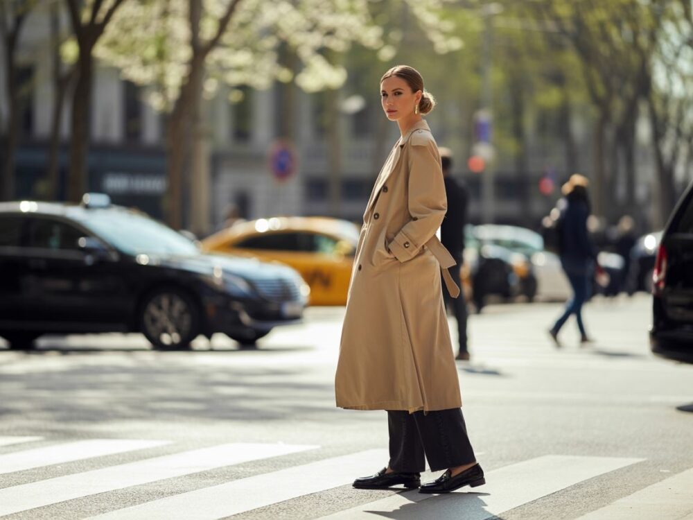 kobieta w beżowym trenczu
