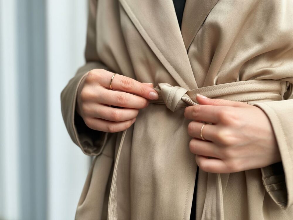 kobieta w beżowym trenczu