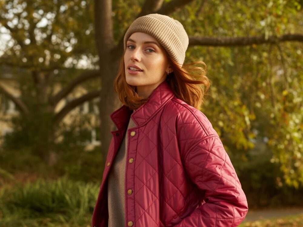 kobieta w czerwonej kurtce i czapce