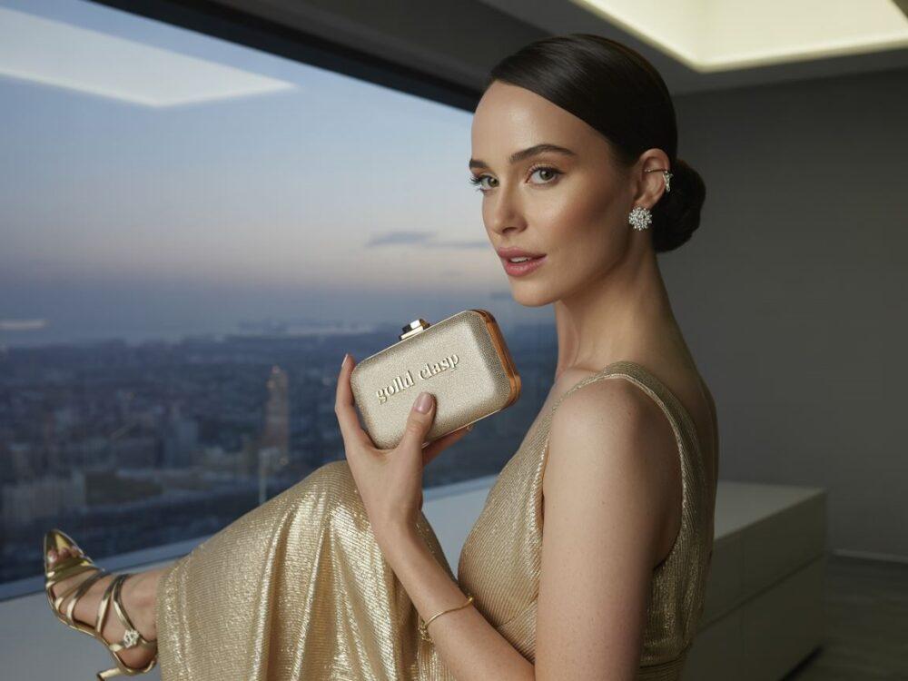 kobieta w złotej sukience z butami