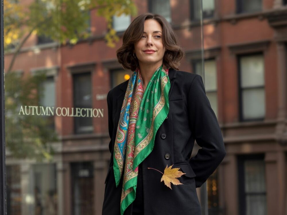 kolorowy szal do czarnej kurtki