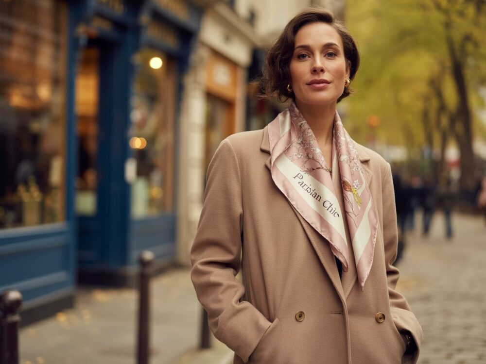 kolorowy szal na beżowym płaszczu