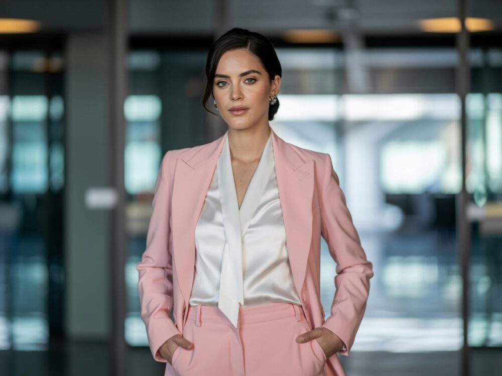 modna kobieta w różowym garniturze