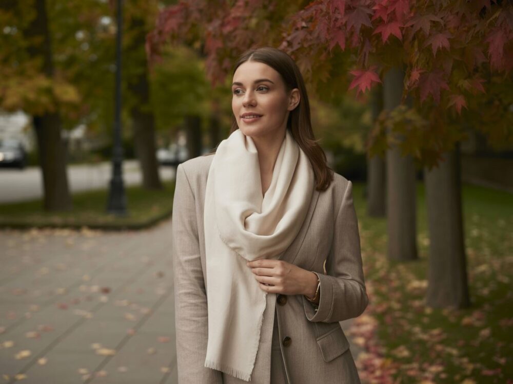 modna stylizacja z beżową kurtką