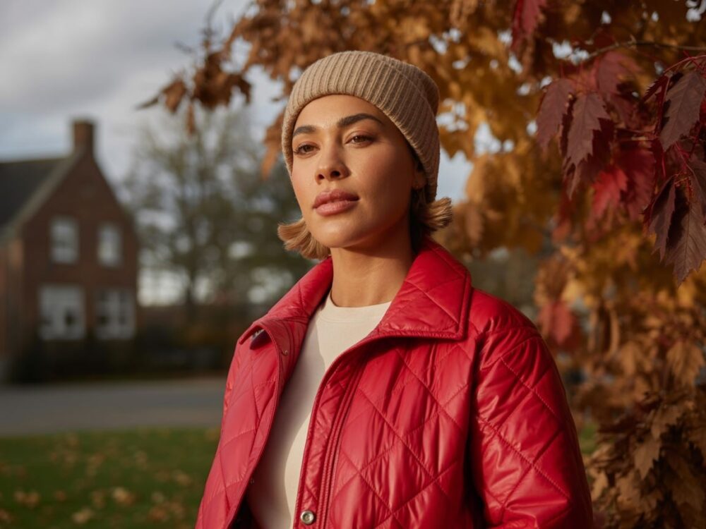 modna stylizacja z czerwoną kurtką