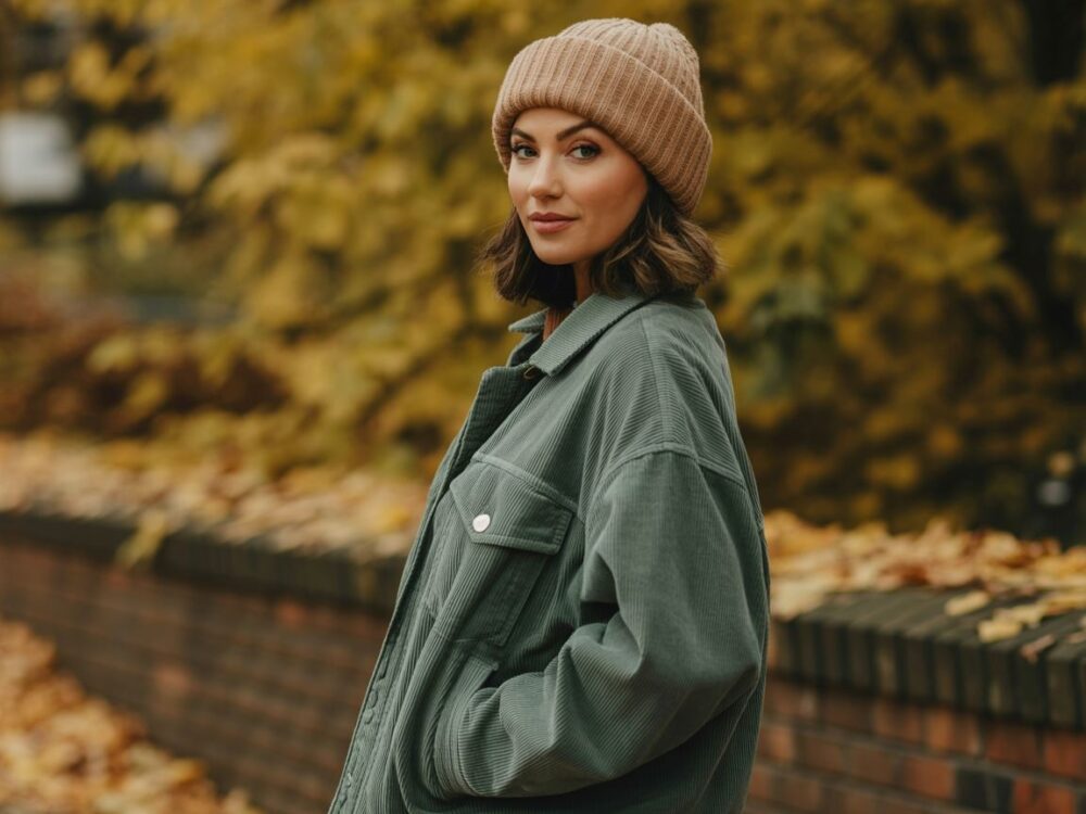 modna stylizacja z zieloną kurtką