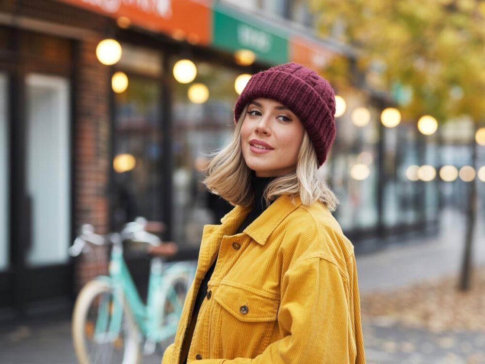 modna stylizacja z żółtą kurtką