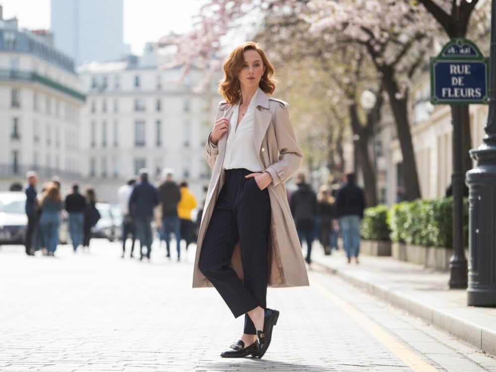 modny beżowy trencz