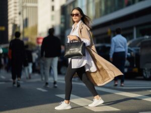 outfit z białą koszulą i legginsami