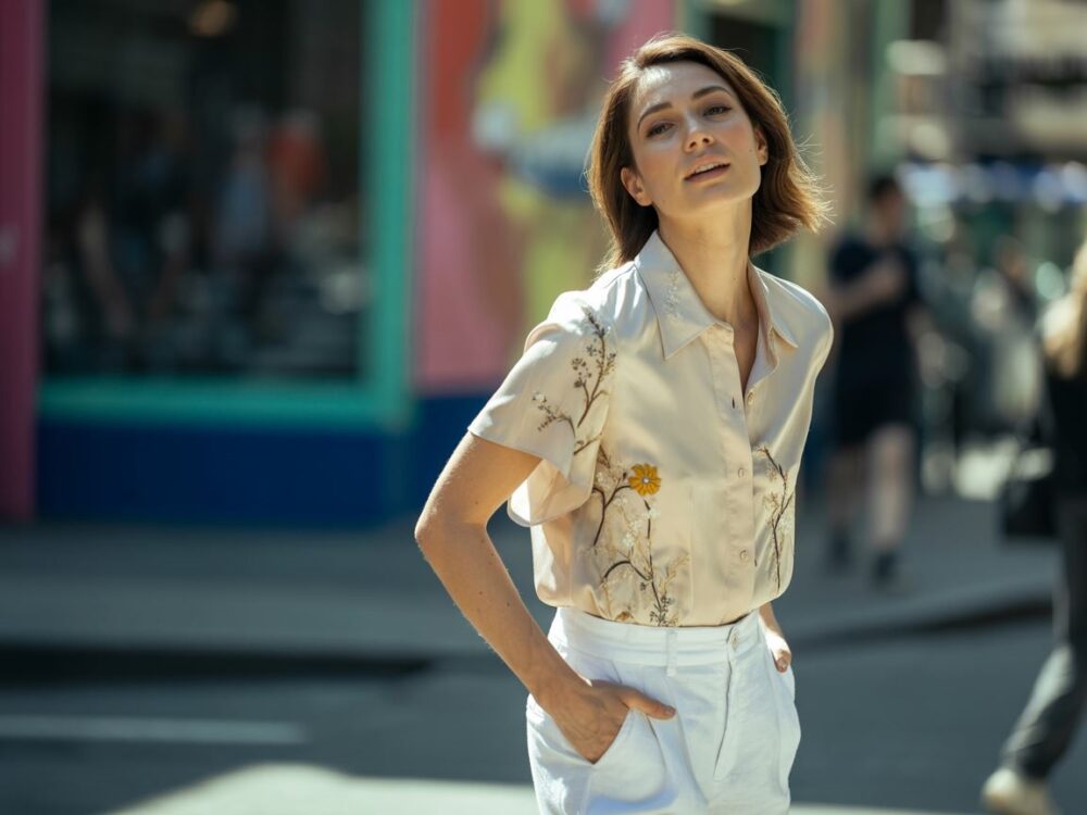 outfit z białymi spodniami