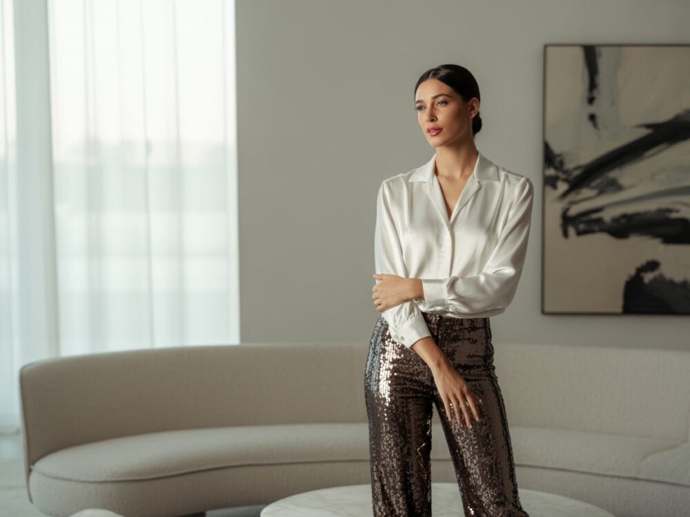 outfit z cekinowymi spodniami