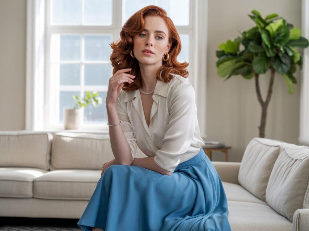 outfit z jasną bluzką i spódnicą