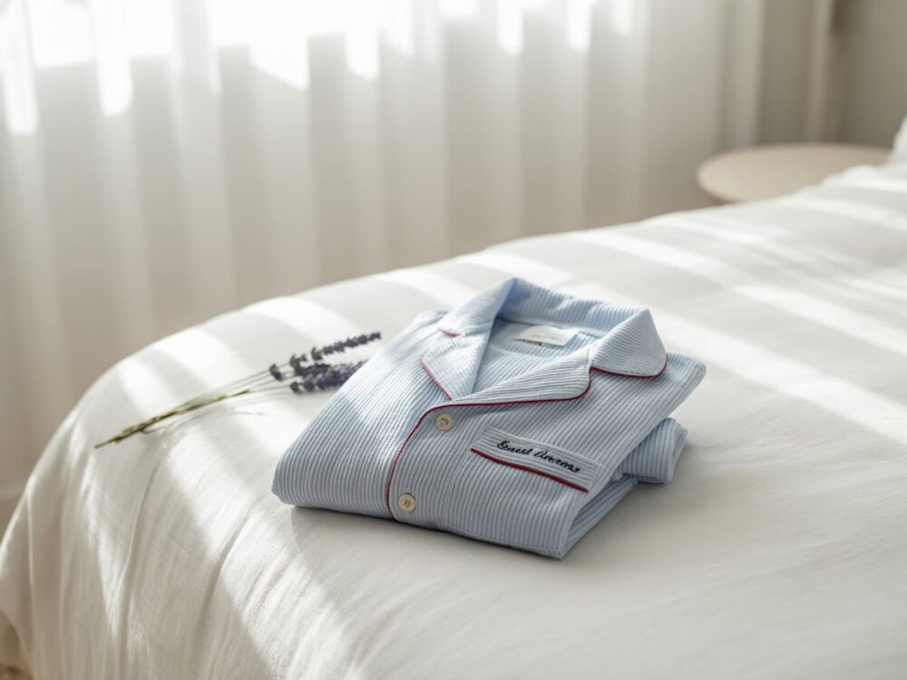 piżama na tle jasnej sypialni