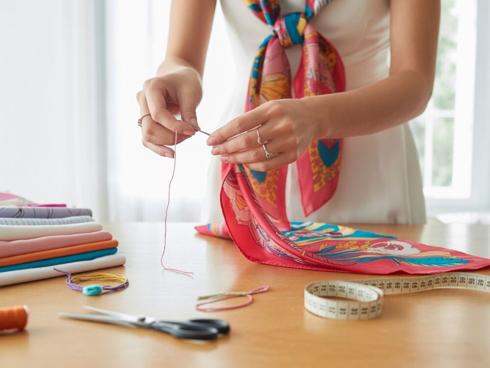 ręce szyjące tunikę