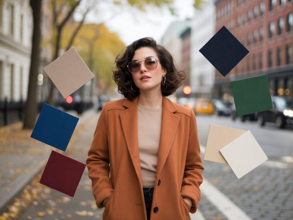 rudy płaszcz i beżowa torebka