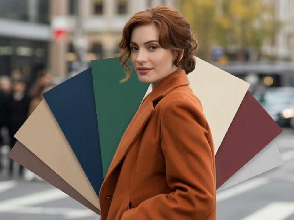 rudy płaszcz na tle kremowej ściany