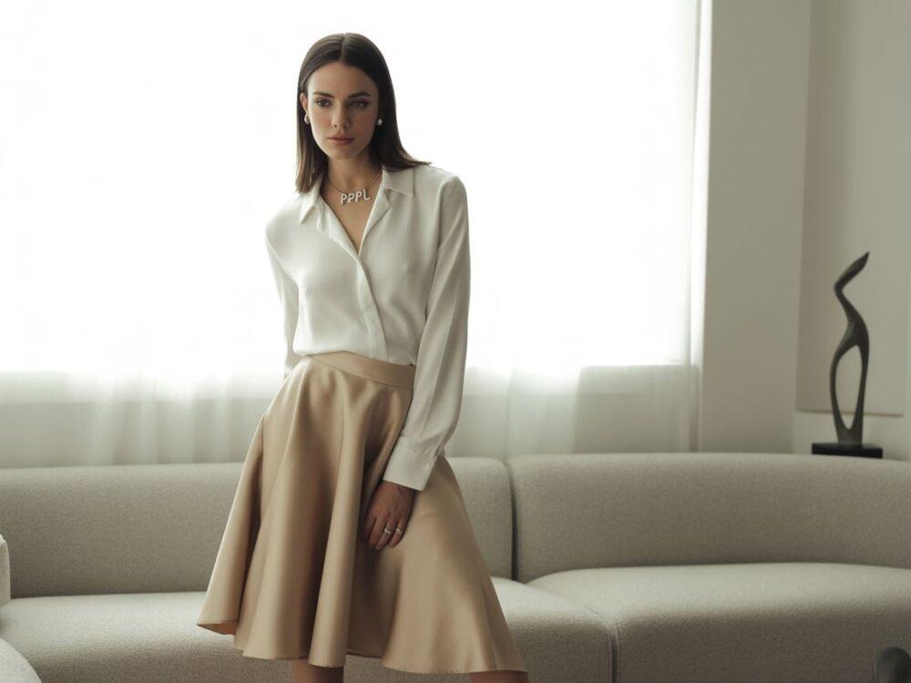 stylizacja z beżową spódnicą