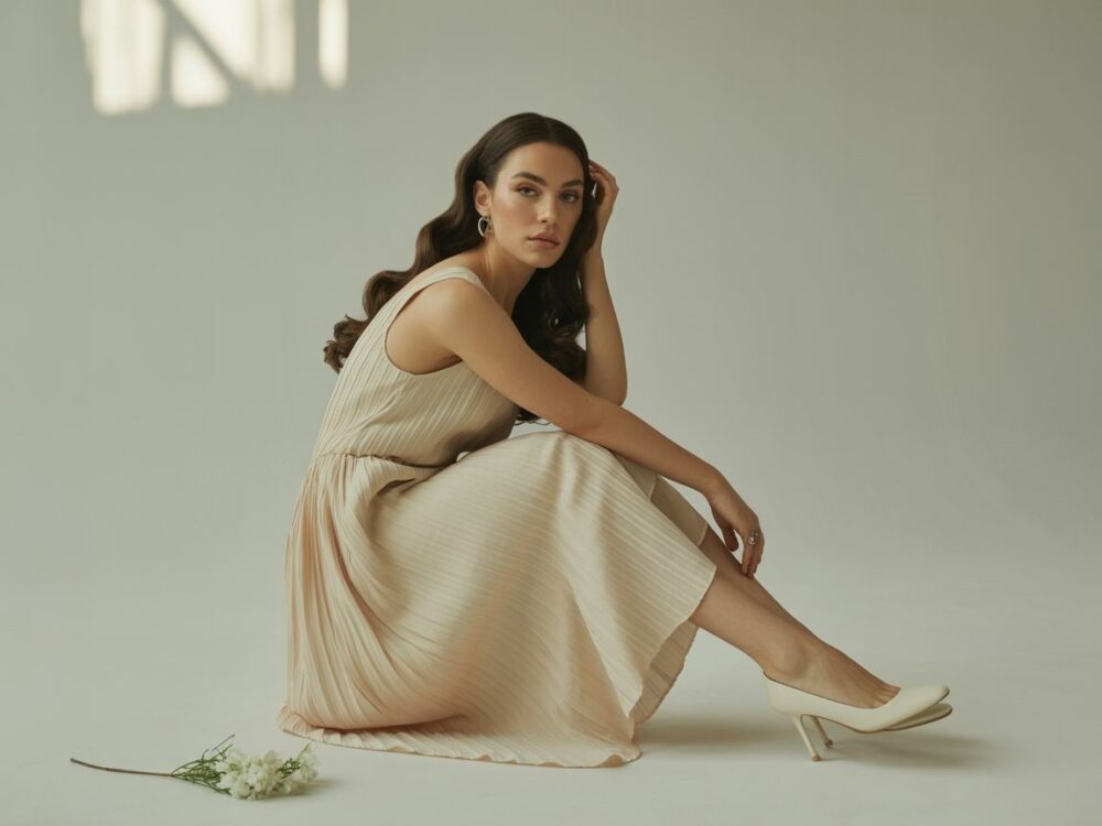 stylizacja z beżową sukienką