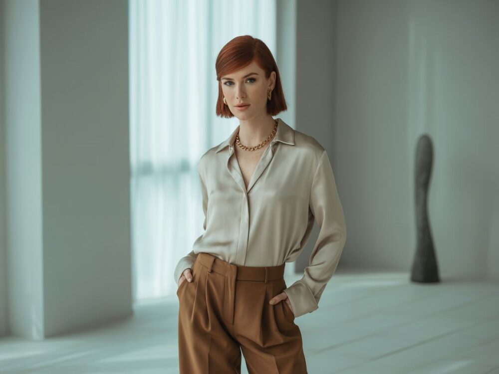 stylizacja z brązowymi spodniami