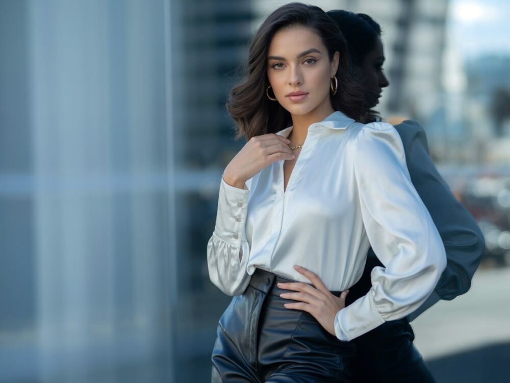 stylizacja z czarnymi skórzanymi spodniami