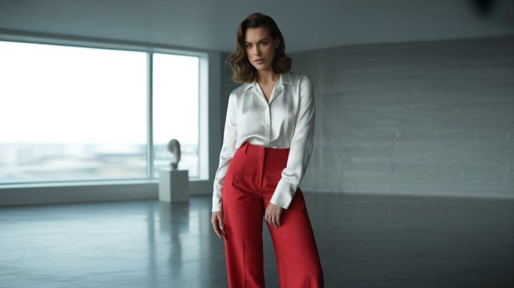 stylizacja z czerwonymi spodniami