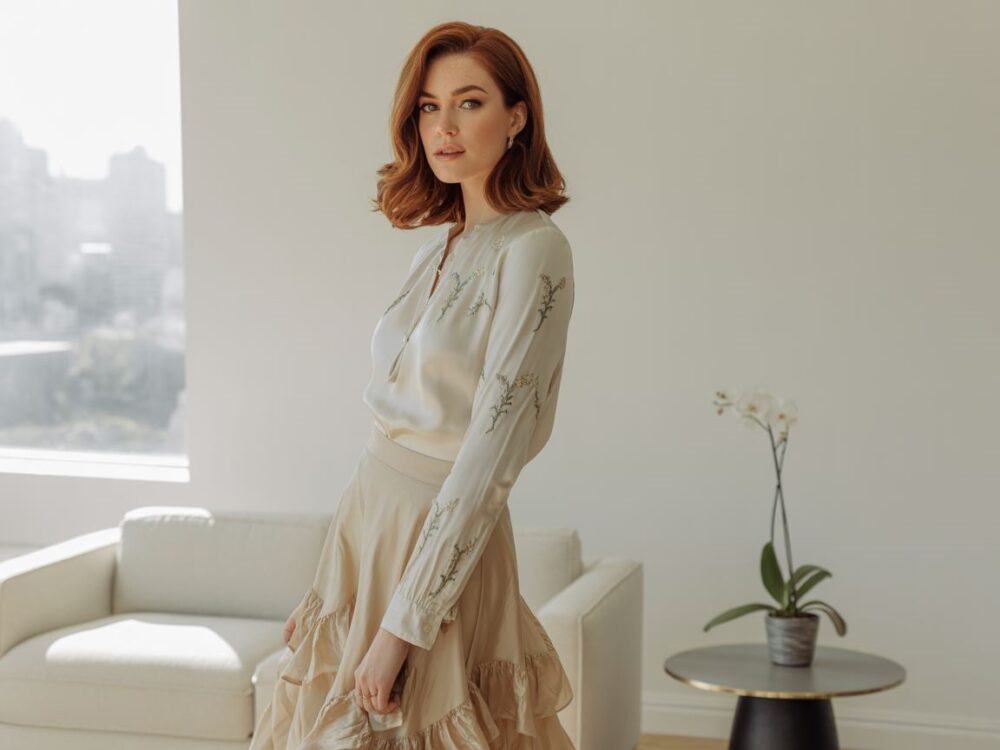 stylizacja z falbaniastą spódnicą