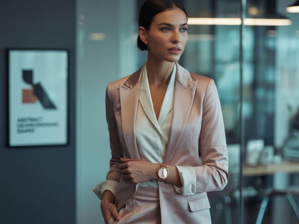 stylizacja z różowym garniturem