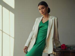 stylowa kobieta w żakiecie i sukience