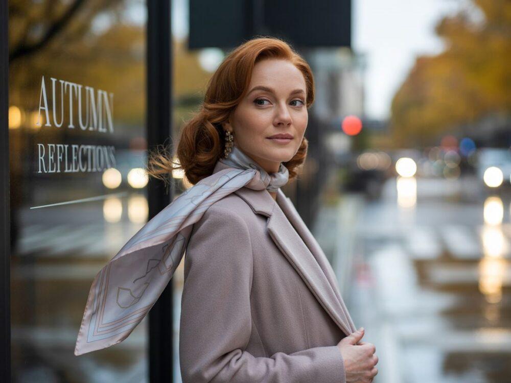 szary płaszcz z kolorowym szalem