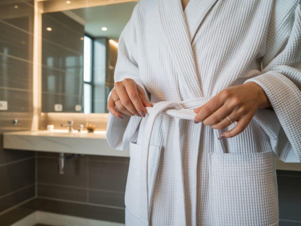 szlafrok przewiązany w pasie