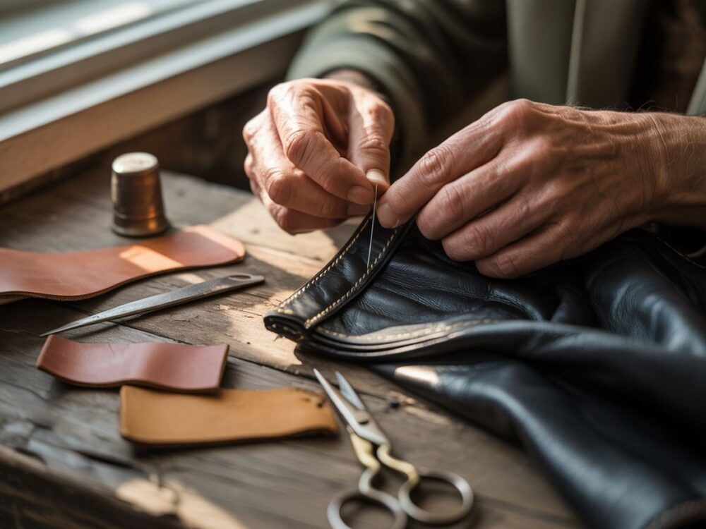 szwy na kołnierzu kurtki skórzanej