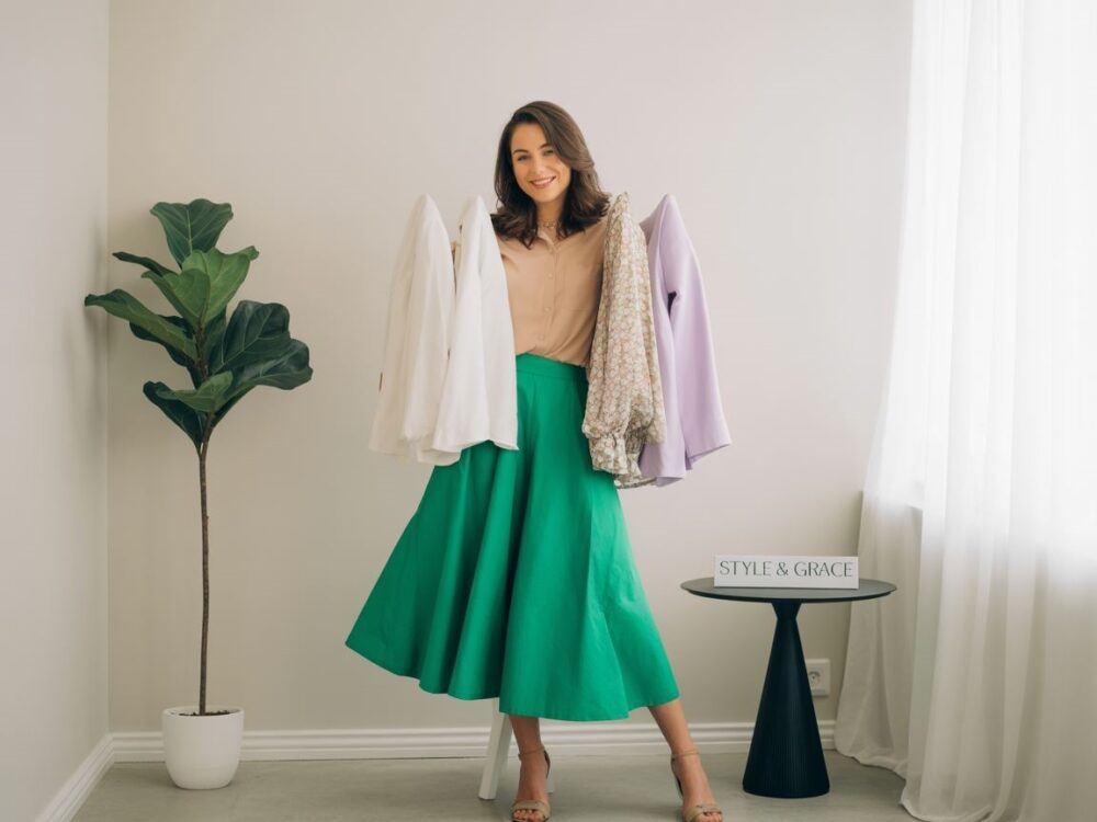 zielona spódnica i biała bluzka